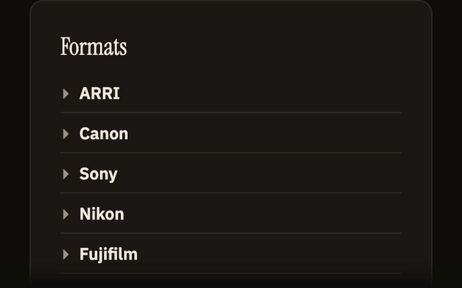 The Formats panel listing camera manufacturers
